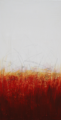 Red yellow and white modern abstract painting with graphite marks by abstract artist Andy Hahn