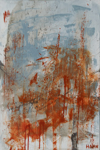 Splatter style abstract painting #128 by Andy Hahn, orange and blue drips